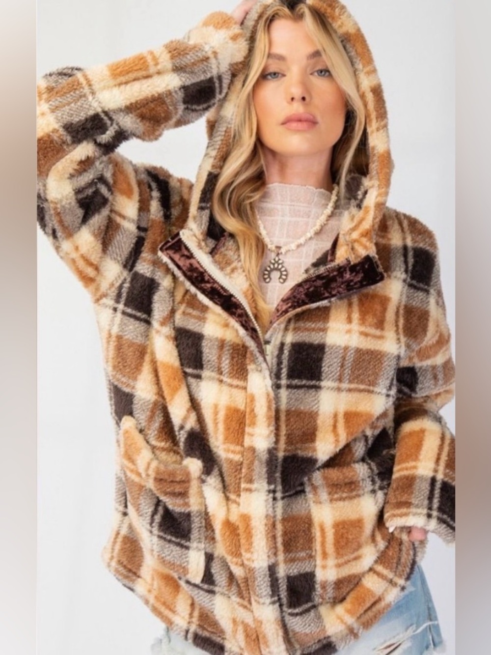 NWT Easel Cozy Plaid Teddy Hooded Jacket in Brown & Cream